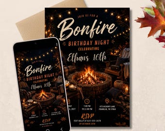 Fall-Themed Bonfire Night Birthday Invitation Set for Teens - Editable Templates for Print & Digital (Instant Download)