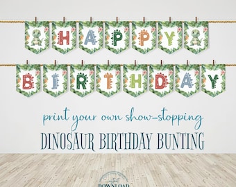 Dinosaur Themed Party Happy Birthday Bunting For Kids (Instant Download Digital File)