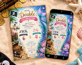 Double Birthday Pirate & Mermaid Party Invitation - Editable Template Print and Digital (Instant Download)