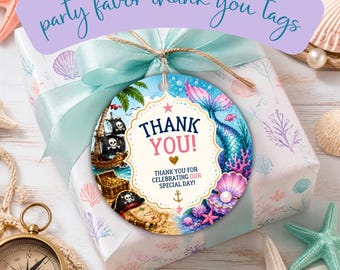 Pirate & Mermaid Double Birthday Celebration Thank You Tags (Instant Download)