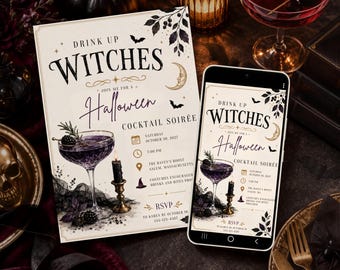 Drink Up Witches Halloween Cocktail Party Invitation - Editable Template for Print & Digital (Instant Download)