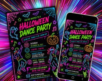 Neon Halloween Dance Party Invitation - Editable Template for Print & Digital (Instant Download)