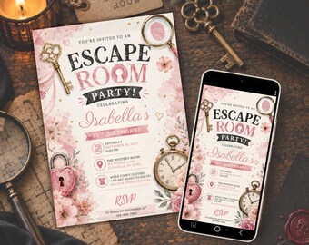 Escape Room Birthday Party Invitation - Editable Pink Invite Template for Print & Digital (Instant Download)