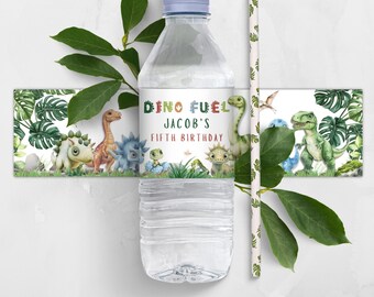 Dinosaur Water Bottle Label For Kids Party (Editable Digital File Instant Download)
