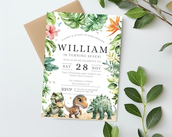 Dinosaur 7th Birthday Invitation, Editable Party Invite (Digital Download)