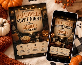 Halloween Movie Night Kids Birthday Party Invitation - Editable Template for Print & Digital (Instant Download)