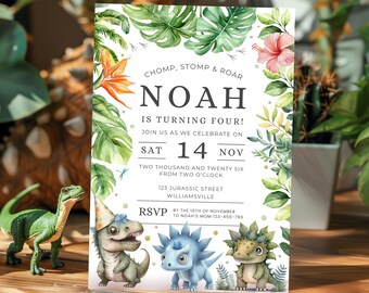 Dinosaur 4th Birthday Invitation, Editable Party Invite (Digital Download)