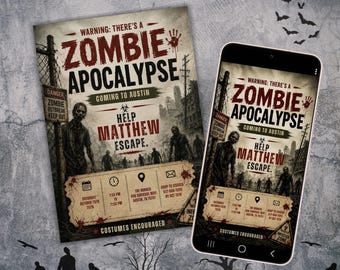 Zombie Apocalypse Halloween Party Invitation - Editable Template for Print & Digital (Instant Download)