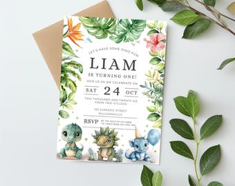 Dinosaur 1st Birthday Invitation, Editable Kids Party Invite (Digital Download)