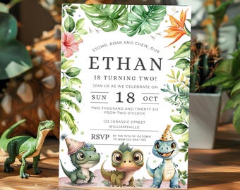 Dinosaur 2nd Birthday Invitation, Editable Party Invite (Digital Download)