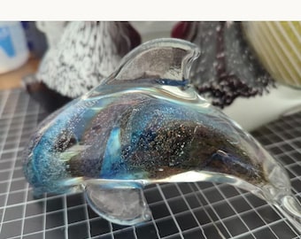 Hand Blown Art Glass Dolphin | Iridescent Blue Aventurine | Murano Style | Ocean Decor Paperweight