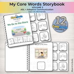 Puede incluir: Un libro de cuentos encuadernado en espiral titulado "My Core Words Storybook Volume 2" con el texto "We Go to the Store". El libro incluye ASL y ayudas visuales de comunicación adaptativa, diseñado para edades de 3 a 8 años. Un gráfico circular indica "12 CoreWords Included".