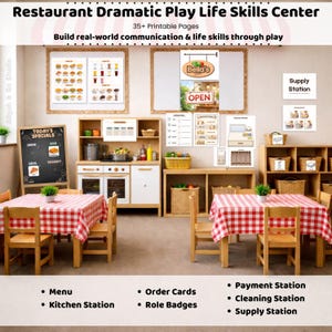 May include: A restaurant-themed dramatic play set with printable pages. The scene includes a play kitchen, tables with red and white checkered tablecloths, and signs for menus, specials, and supply stations. The text reads "Restaurant Dramatic Play Life Skills Center".