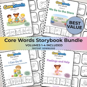 Könnte beinhalten: Ein Bundle aus vier spiralgebundenen "My CoreWords Storybook" Bänden. Jeder Buchumschlag zeigt Illustrationen und die Bandnummer. Das Bundle enthält die Bände 1-4, mit dem Text "Core Words Storybook Bundle" und "Volumes 1-4 Included".