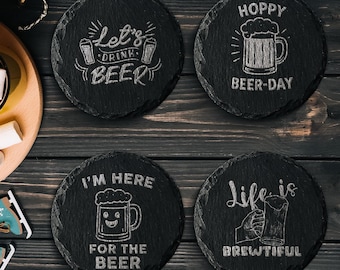 Personalized Beer Slate Coasters Set - Custom Engraved Christmas Gift for Him, Man Cave Bar Pub, Beer Lover Funny Text