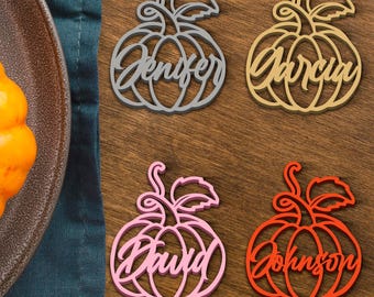 Custom Wooden Name Pumpkin Place Cards, Personalized Pumpkin Name Tags, Rustic Fall Wedding, Thanksgiving Table Decor