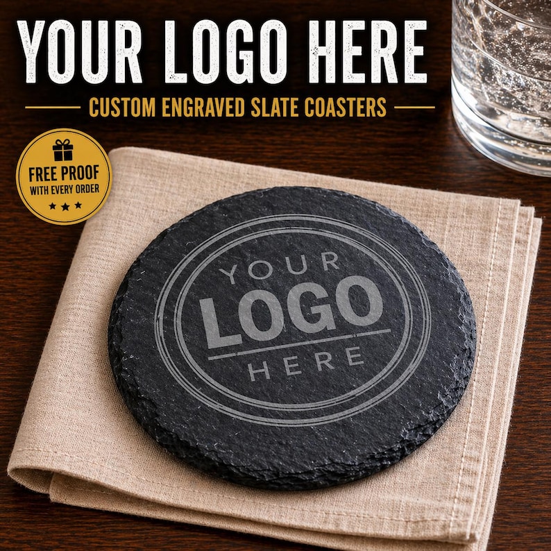 May include: A round black slate coaster with a rough, natural edge featuring an engraved circular design with the text YOUR LOGO HERE in the center. The coaster is placed on a folded beige fabric napkin, with additional text above.