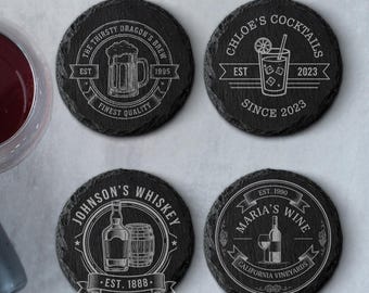 Personalized Slate Coasters - Custom Engraved Wine Beer Gin Whisky Your Drink Here - Laser Etched Wedding Birthday Christmas Gift