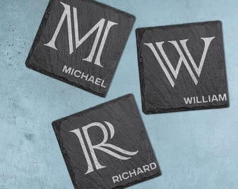 Personalized Slate Coaster Initial Letter and Name | Custom Laser Engraved Gift for Birthday Wedding Christmas Anniversary