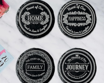 Custom Engraved Monogram Slate Coasters - Personalized Last Name Family Coasters Set  Unique Stone Barware for Anniversary Couples Home Gift