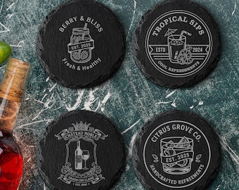Custom Engraved Slate Coasters - Personalized Wine Beer Whisky Gin Drink Coasters Set - Unique Housewarming Anniversary Christmas Gift