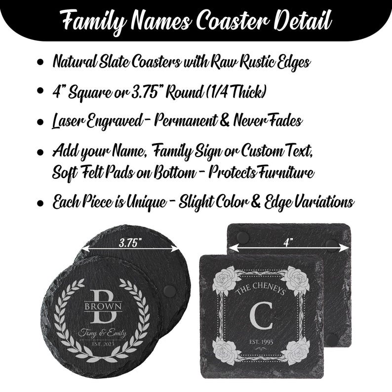 Personalized Family Name Slate Coasters - Custom Monogram Engraved Set ...