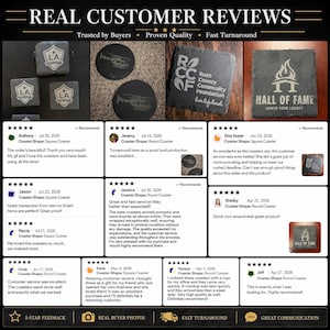 May include: A collage of square and round slate coasters featuring various engraved logos and designs, including LA Galaxy, helicopter graphics, Rush County Community Foundation, and Hall of Fame, displayed alongside five-star customer reviews.