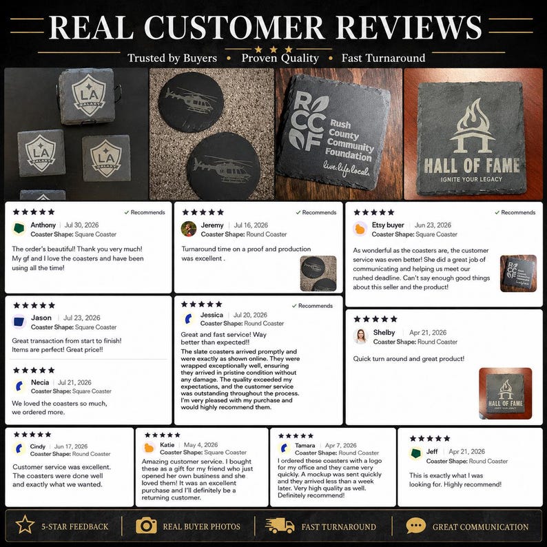 May include: A collage of square and round slate coasters featuring various engraved logos and designs, including LA Galaxy, helicopter graphics, Rush County Community Foundation, and Hall of Fame, displayed alongside five-star customer reviews.