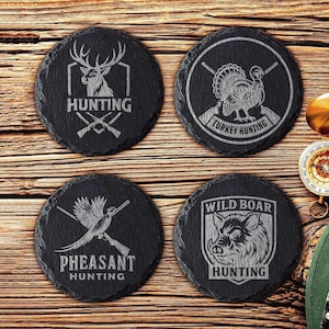 Personalized Hunting Slate Coasters Set of 4 - Engraved Deer Buck Duck Elk Designs, Custom Hunting Gifts for Men, Rustic Man Cave Decor