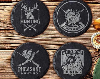 Personalized Hunting Slate Coasters Set of 4 - Engraved Deer Buck Duck Elk Designs, Custom Hunting Gifts for Men, Rustic Man Cave Decor