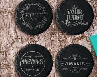 Personalized Slate Coaster with Name and Meaning | Custom Monogram Design Laser Engraved Gift for Birthday Christmas Wedding Anniversary