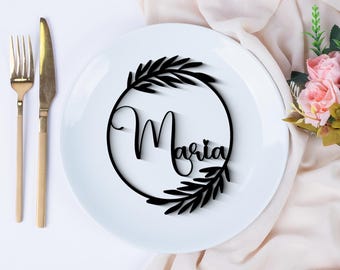 Custom Script Wooden Place Cards, Laser Cut Wedding Name Tags, Leaf Frame Table Settings
