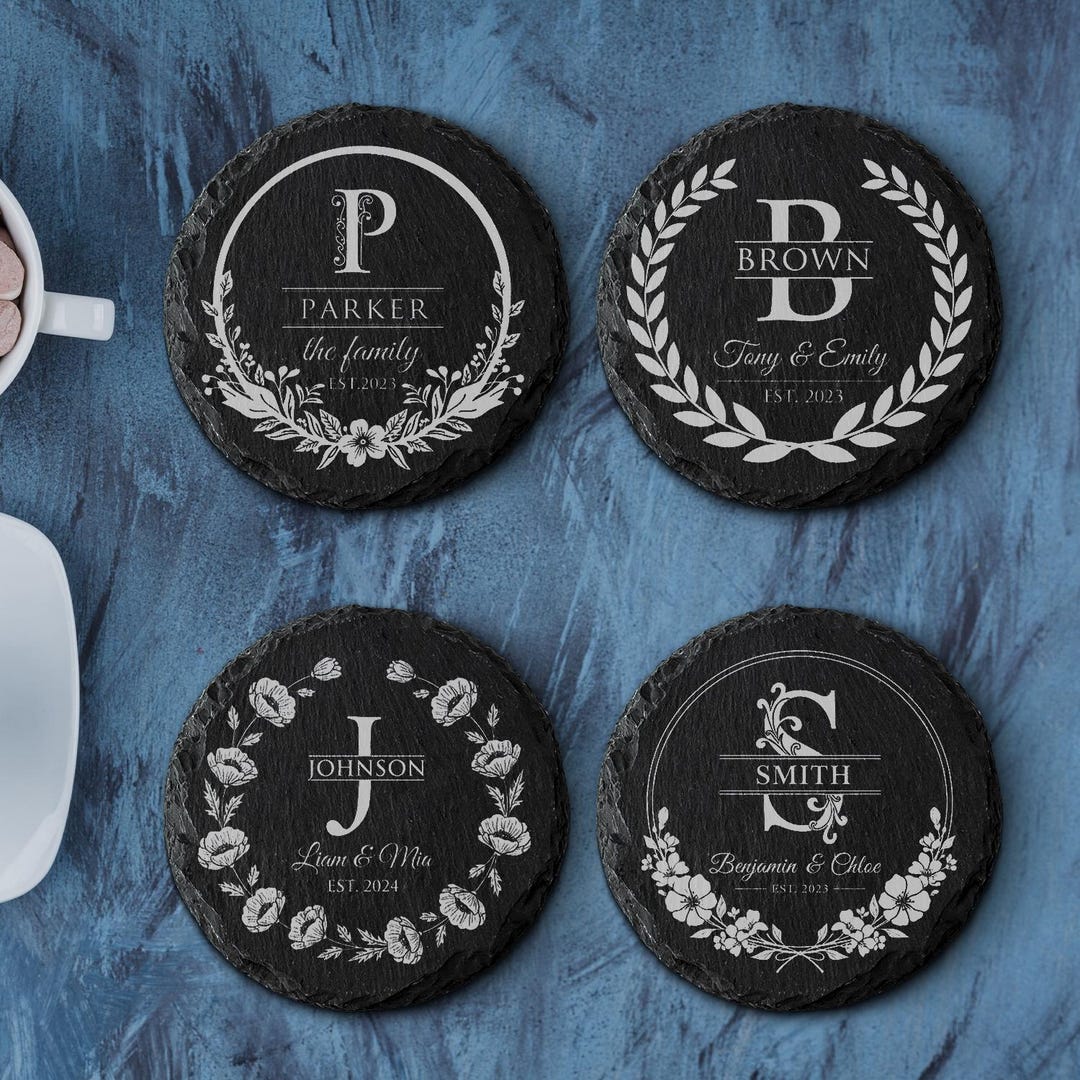 Personalized Family Name Slate Coasters - Custom Monogram Engraved Set ...