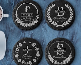 Personalized Family Name Slate Coasters - Custom Monogram Engraved Set of 4 Rustic Drink Coasters - Wedding Housewarming Christmas Gift