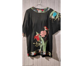 vintage Ramona Rull black embroidered tunic top bohemian handcrafted art to wear