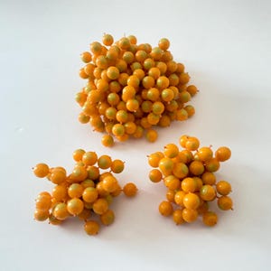 May include: A collection of orange and green artificial berries, arranged in three separate clusters against a white background. The berries are small, round, and have a glossy finish, suggesting they are made of plastic or a similar material. The arrangement is likely for decorative purposes.