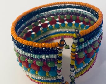 Vintage Boho Multicolor Seed Bead Cuff Bracelet Festival Statement