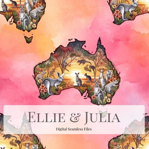 May include: Digital seamless file with a watercolour illustration of Australia. The design features kangaroos, koalas, and other native animals within the outline of Australia, set against a pink and orange watercolour background. The text "ELLIE & JULIA" is at the bottom.