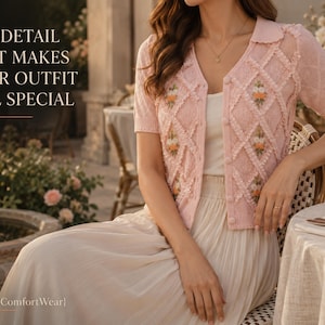 Women Floral Knit Cardigan | Short Sleeve V Neck Top | Beaded Diamond Pattern Layer | Feminine Button Front Sweater