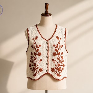 Boho Blommig Virkad Väst | Stickad V-ringad Ärmlös Topp med Knappar