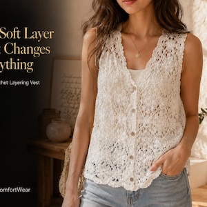 Puede incluir: Un chaleco blanco de ganchillo sin mangas con escote en V y cierre de botones en la parte delantera. El texto en la imagen dice: The Soft Layer That Changes Everything, White Crochet Layering Vest, LayeredComfortWear.