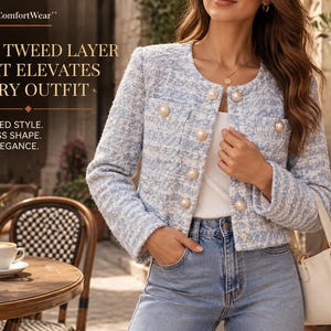 May include: A light blue and white tweed jacket featuring a round neckline, long sleeves, and a front button closure with gold-toned pearl-like buttons. The text on the image reads: LayeredComfortWear, THE TWEED LAYER THAT ELEVATES EVERY OUTFIT, TEXTURED STYLE. TIMELESS SHAPE. EASY ELEGANCE.