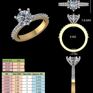 Könnte beinhalten: Ein goldener Verlobungsring mit einem großen, runden, klaren Edelstein in der Mitte, flankiert von kleineren Steinen auf dem Band. Der Ring wird in verschiedenen Ansichten gezeigt, mit Maßen in Millimetern.