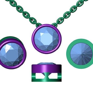 May include: A necklace pendant featuring a faceted blue gemstone set in a purple bezel, attached to a green chain. The image also shows the pendant from various angles, including a side profile.