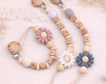Clip para chupete personalizado con nombre, soporte para chupete de silicona con cuentas florales, cadena de madera para chupete, clip para chupete personalizado, regalo para baby shower