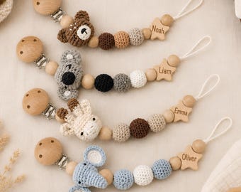 Clip para chupete de animal de ganchillo personalizado con nombre, cadena para chupete de bebé personalizada, soporte para chupete de recién nacido hecho a mano, regalo para baby shower