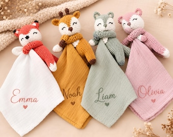 Manta de apego personalizada para bebé con nombre, de muselina, conejito, manta de seguridad, regalo personalizado para recién nacido, ideal para niño o niña.