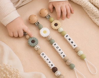 Clip para chupete Daisy personalizado con nombre, soporte de silicona personalizado para chupete, regalo neutro para baby shower, recuerdo para recién nacido