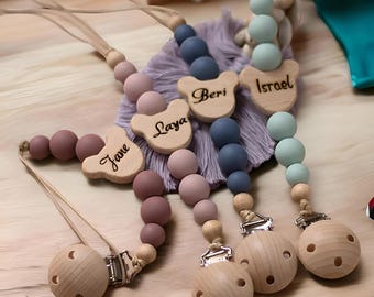 Clip para chupete de bebé personalizado con nombre, soporte para chupete de madera y cuentas de silicona, regalo personalizado para bebé, clip para chupete de recién nacido