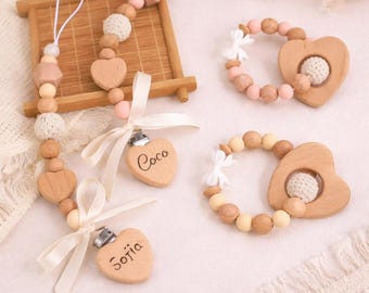 Clip para chupete personalizado con nombre, soporte para chupete de madera con forma de corazón y cuentas, cadena para chupete de bebé personalizada, regalo bohemio para baby shower de recién nacido.
